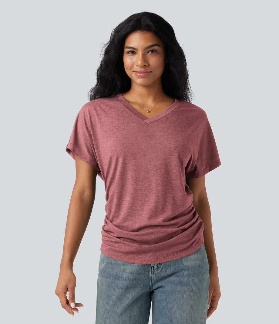 V-neck Short Sleeve Ruched Relaxed Casual Top - Brick Red Mix