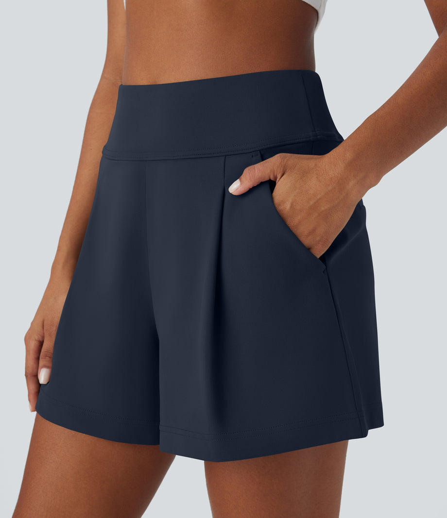 DayStretch High Waisted Work Baggy Shorts 4'' with Pockets - Midnight Blue