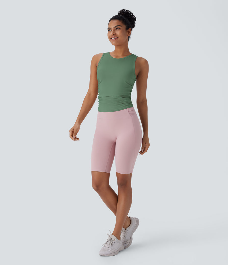 Round Neck Racerback Ruched Yoga Tank Top - Too Hot to Handle - Jade