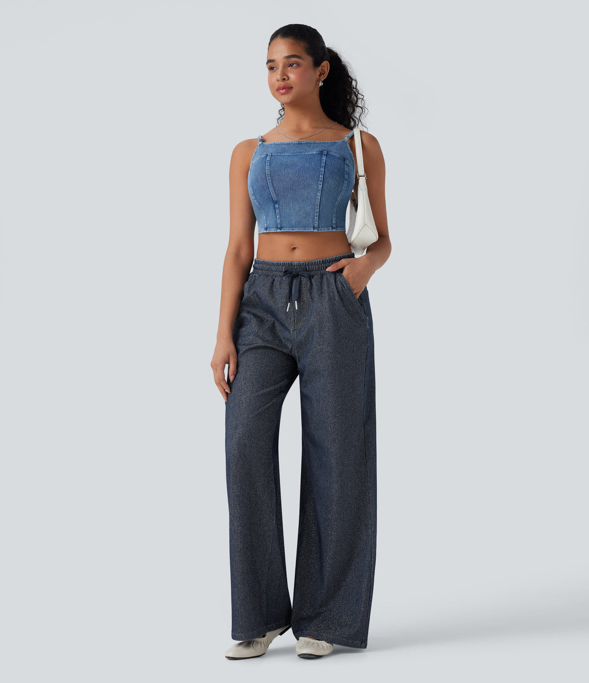 Halara Flex™ Low Rise Drawstring Wide Leg Sparkle Casual Sweatpants Jeans with Pockets - Pageant Blue Denim