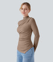 Mock-neck Long Sleeve Ruched Asymmetric Hem Thermal Casual Top - Amphora