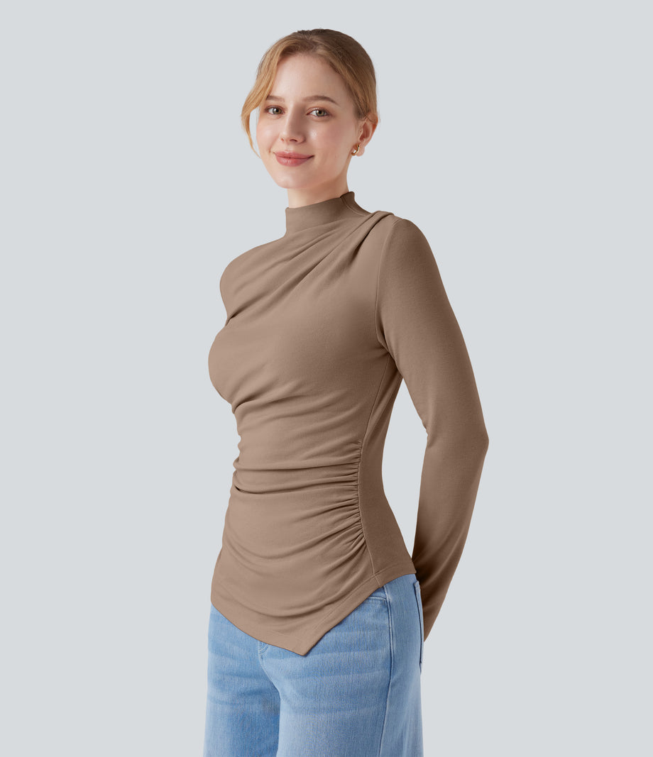 Mock-neck Long Sleeve Ruched Asymmetric Hem Thermal Casual Top - Amphora