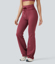 High Waisted Drawstring Stripe Flare Yoga Pants with Pockets - Crimson Rose