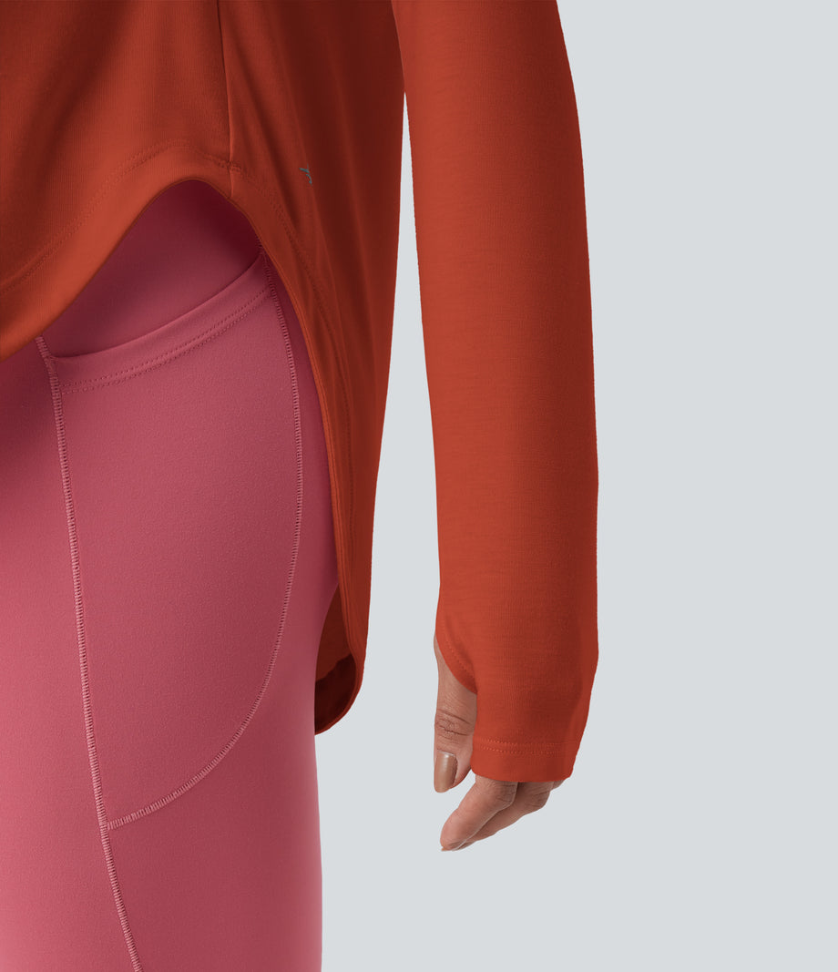 One Shoulder Long Sleeve Thumb Hole Curved Hem High Low Quick Dry Yoga Sports Top-Built-in Bra - Rooibos Tea