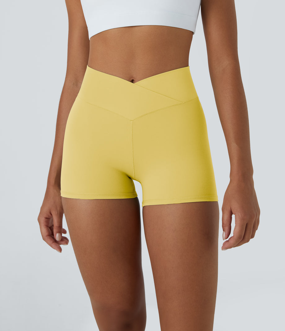 SoftlyZero™ High Waisted Crossover Plain Yoga Biker Shorts 3''-UPF50+ - Lemon Meringue