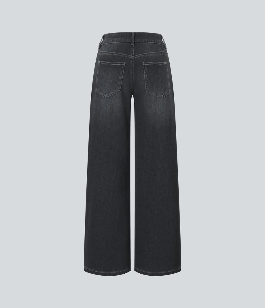 Halara Flex™ Low Rise Zipper Pockets Washed Baggy Wide Leg Casual Jeans - Dirty Black Denim