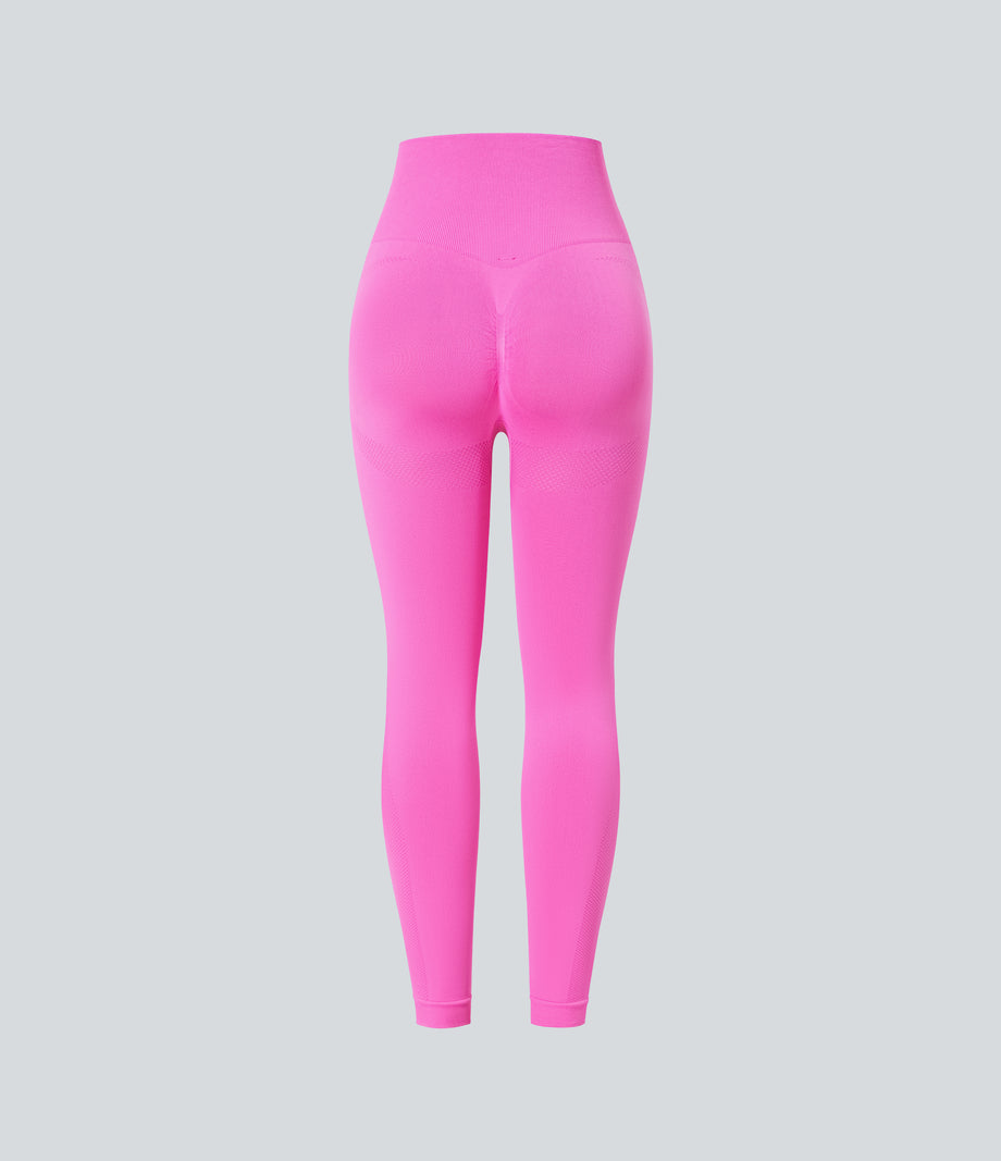 OneForm Seamless Flow High Waisted Ruched 7/8 Yoga Leggings - Fuchsia Fedora