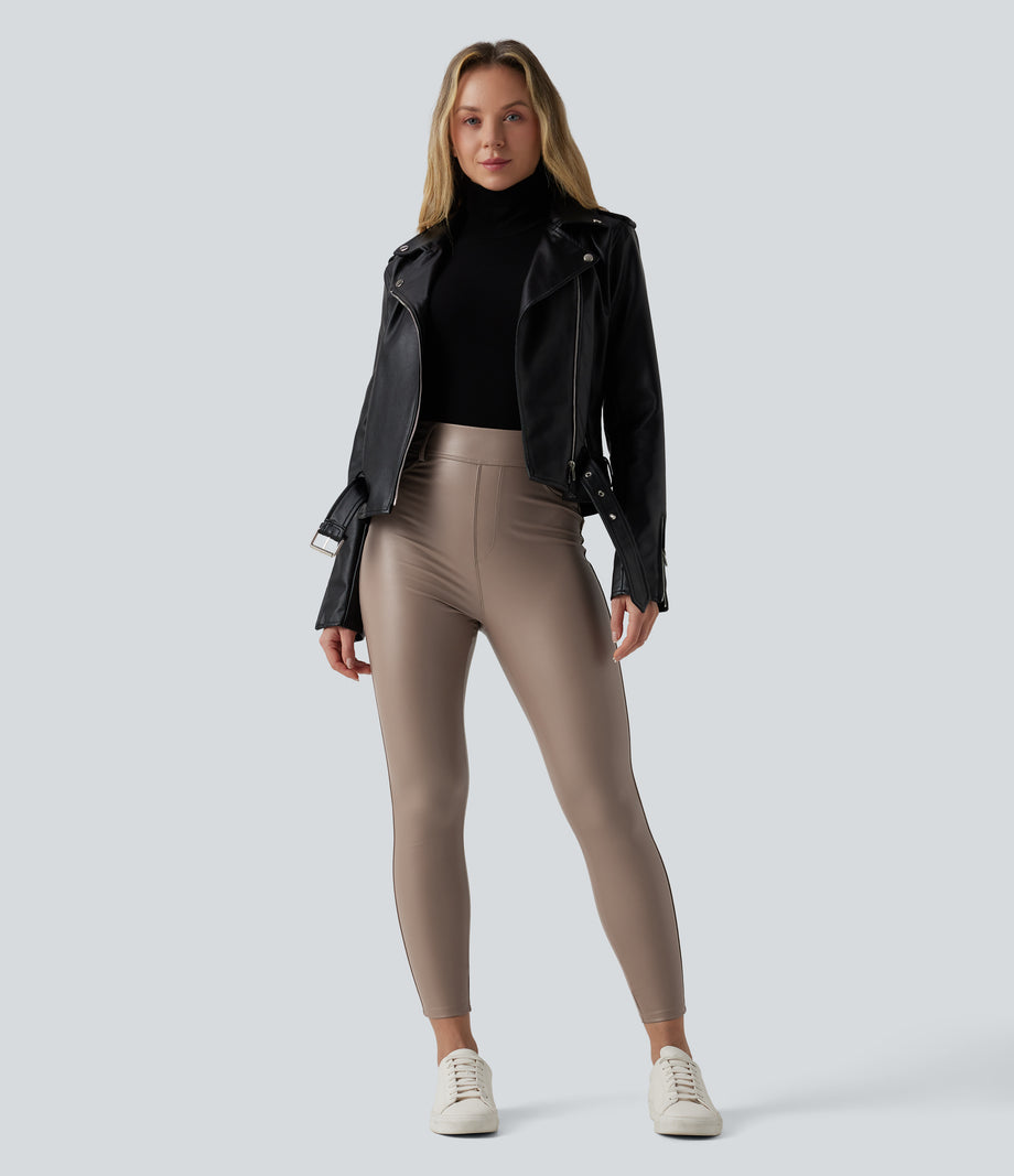 High Waisted Stretchy PU Fleece Casual Leggings with Pockets - Sinopia Fresco