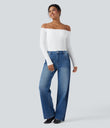 Ribbed Knit Off Shoulder Long Sleeve 2-in-1 Casual Top - White