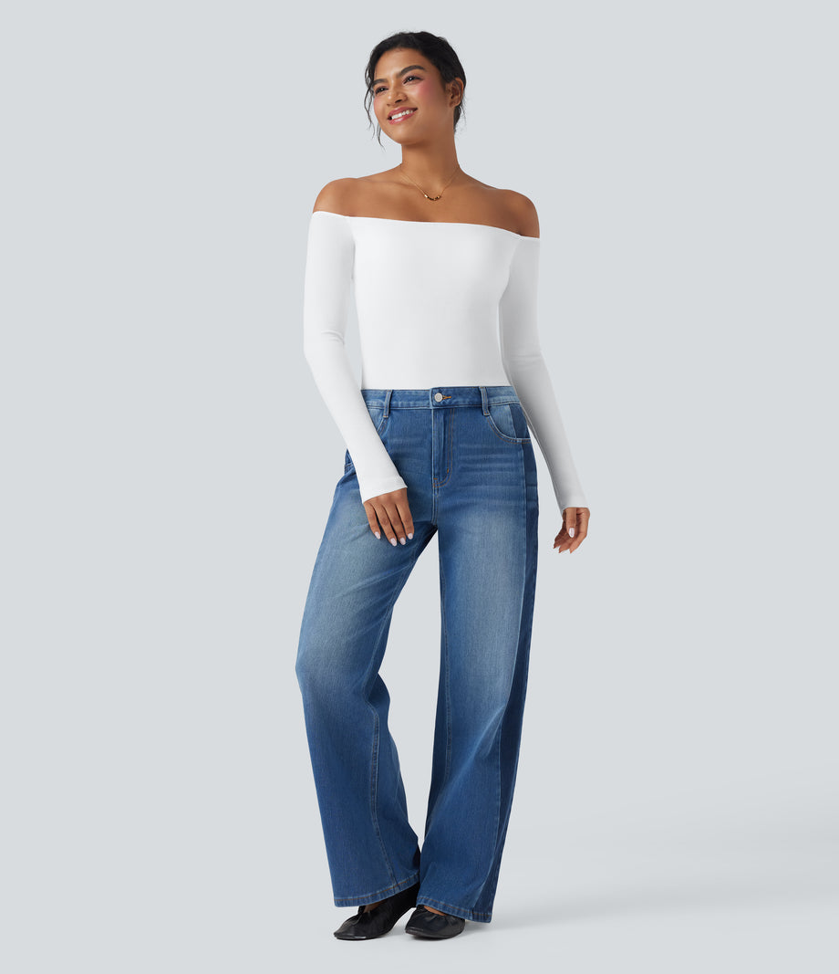 Ribbed Knit Off Shoulder Long Sleeve 2-in-1 Casual Top - White