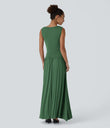Ribbed Boat Neck Asymmetric Strap Ruched Pocket Flowy Maxi Casual Dress - Dark Verdant Green