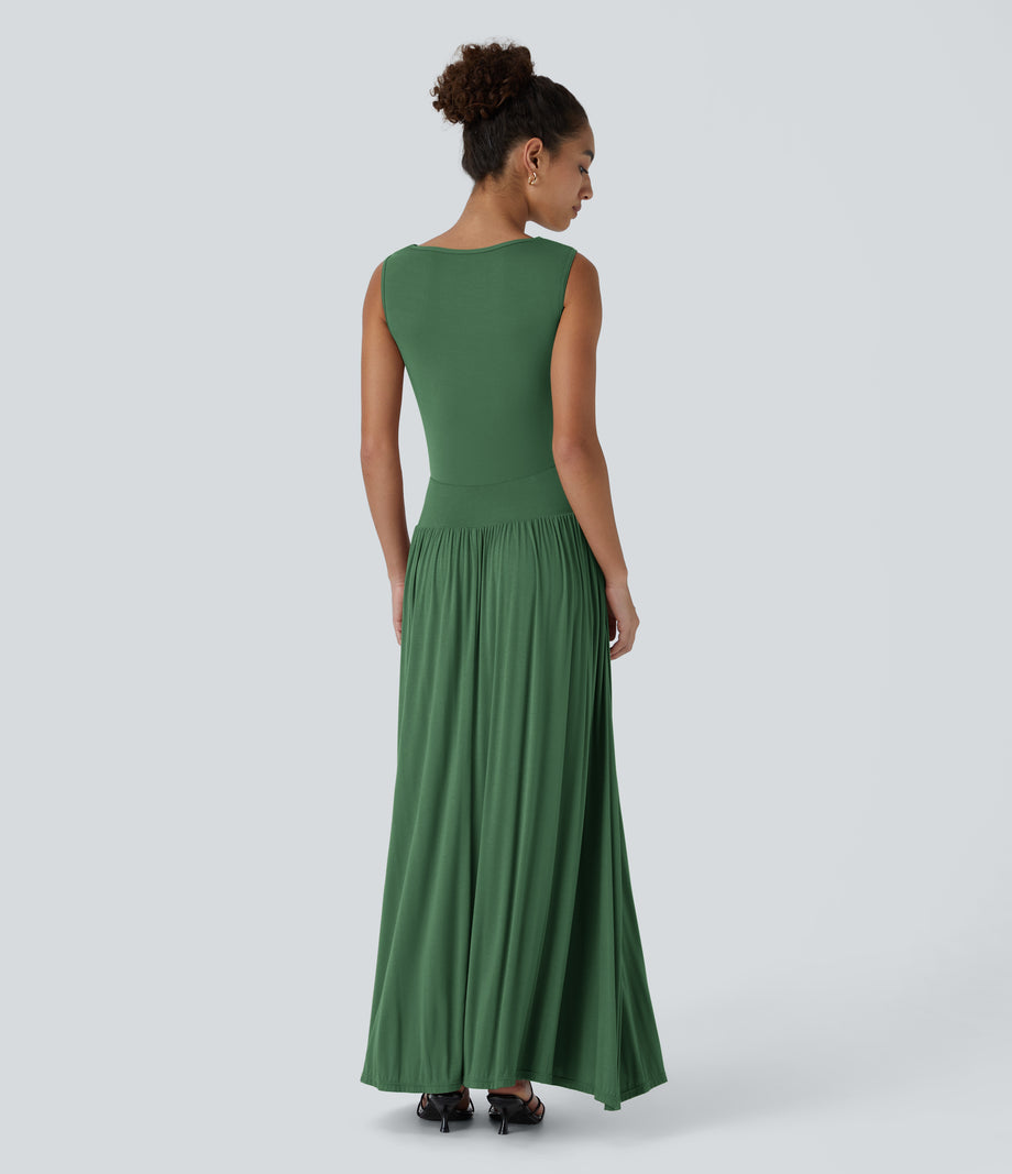 Ribbed Boat Neck Asymmetric Strap Ruched Pocket Flowy Maxi Casual Dress - Dark Verdant Green