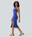 Ruched Lace Up Bodycon Midi Casual Dress - Aster Blue