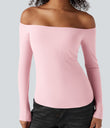 Ribbed Knit Off Shoulder Long Sleeve 2-in-1 Casual Top - Rose Haze Pink