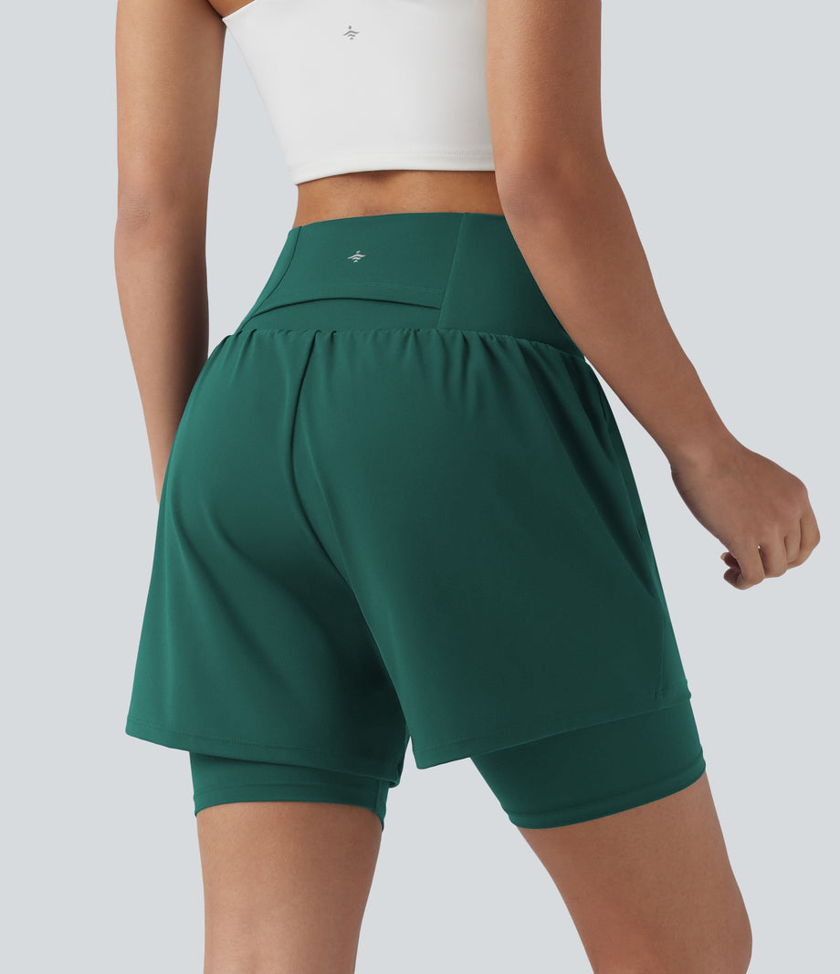 SoftlyZero™ Airy Super High Waisted 2-in-1 Cool Touch Yoga Shorts 7'' with Pockets - Forest Biome