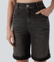 Halara Flex™ High Waisted Pockets Rolled Hem Washed Denim Casual Bermuda Shorts - Phantom Denim