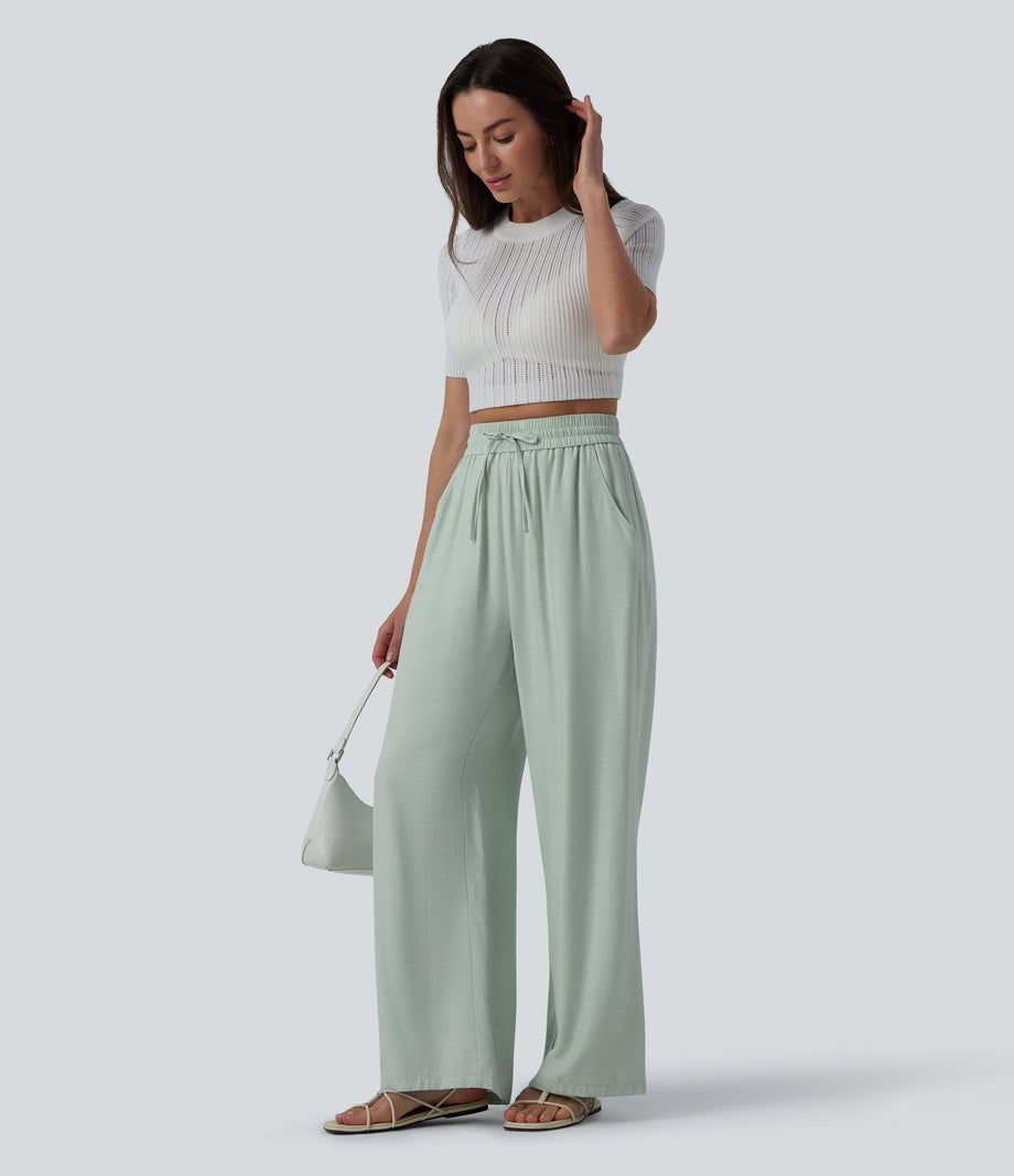 High Waisted Drawstring Wide Leg Casual Linen-Blend Pants with Pockets - Aqua Gray