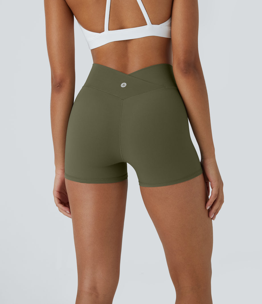 SoftlyZero™ High Waisted Crossover Plain Yoga Biker Shorts 3''-UPF50+ - Grass Grey Green
