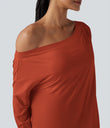 One Shoulder Long Sleeve Thumb Hole Curved Hem High Low Quick Dry Yoga Sports Top-Built-in Bra - Rooibos Tea