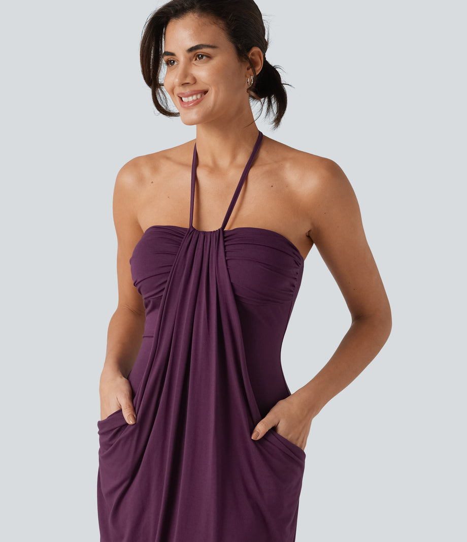 Halter Tie Back Mini Resort Dress with Pockets - Pickled Beet