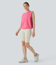 Round Neck Ruched Cool Touch Yoga Tank Top-UPF50+ - Pink Lemonade