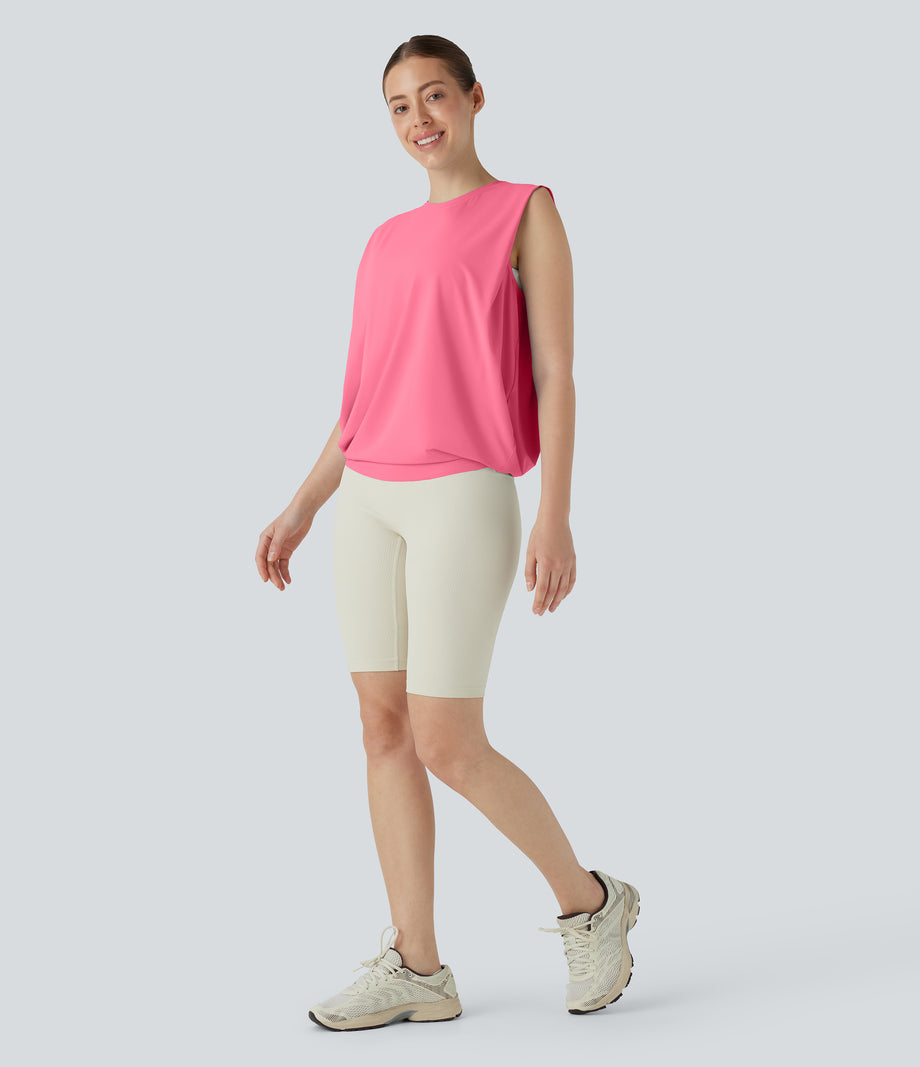 Round Neck Ruched Cool Touch Yoga Tank Top-UPF50+ - Pink Lemonade