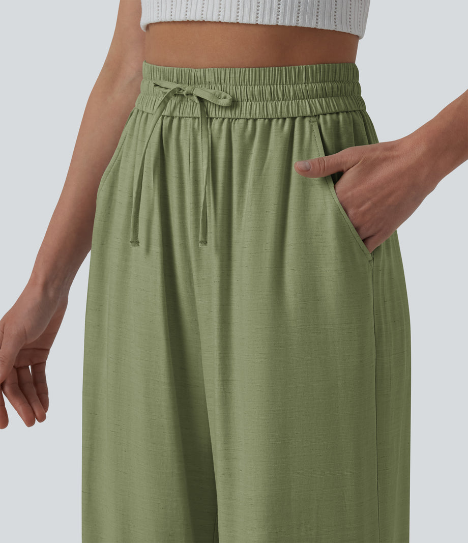 High Waisted Drawstring Wide Leg Casual Linen-Blend Pants with Pockets - Iguana