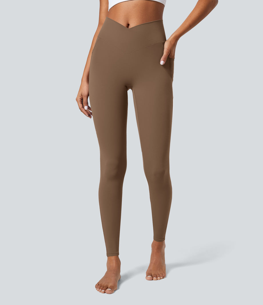 SoftlyZero™ Crossover Pocket Plain Leggings-UPF50+ - Muted Brown