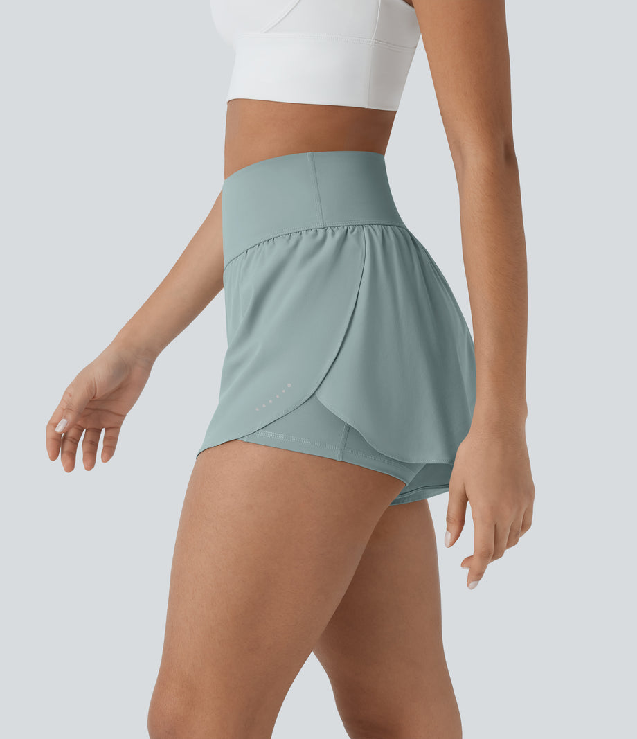 SoftlyZero™ QuickDry High Waisted Tummy Control Reflective Dots Crossover Hem 2-in-1 Running Shorts 3'' with Pockets - Ether
