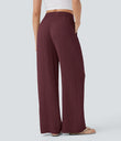 High Waisted Drawstring Pocket Wide Leg Baggy Casual Linen-Feel Pants - Zinfandel