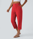 High Waisted Zipper Pocket Cropped Linen-Feel Pants - High Risk Red