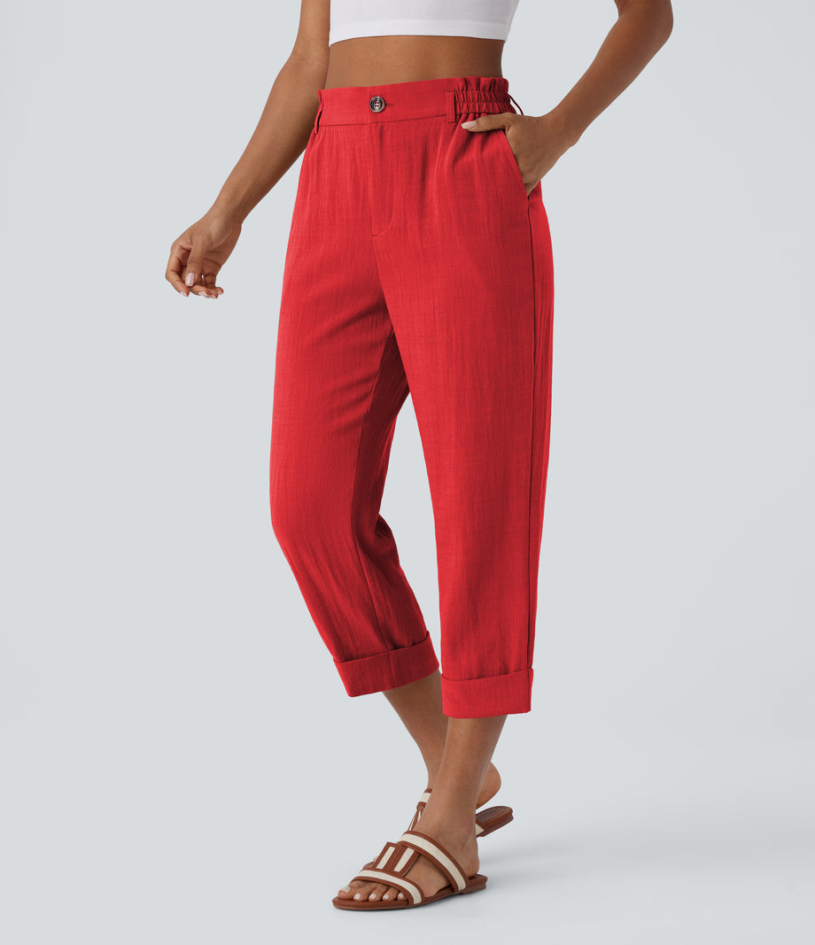 High Waisted Zipper Pocket Cropped Linen-Feel Pants - High Risk Red