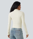 Mock-neck Long Sleeve Ruched Asymmetric Hem Thermal Casual Top - Lily White