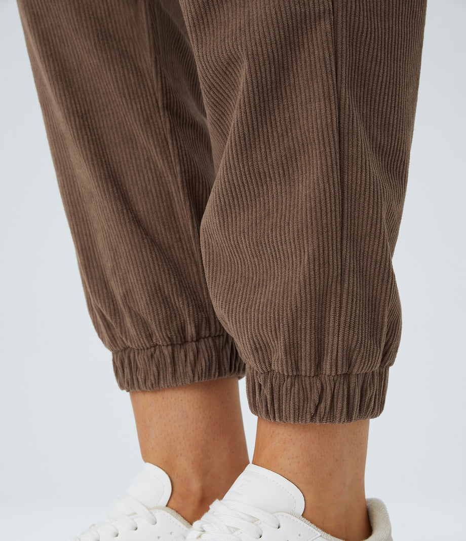 Mid Rise Zipper Pockets Corduroy Casual Joggers - Acorn