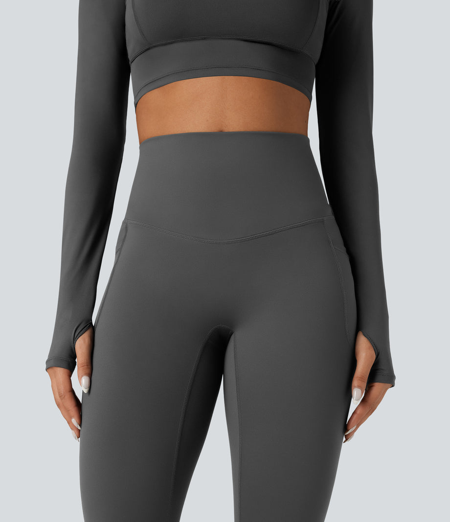 Halara Ultrasculpt™ Heat High Waisted Tummy Control Crossover Back Fleece Running Leggings with Pockets - Black Oyster