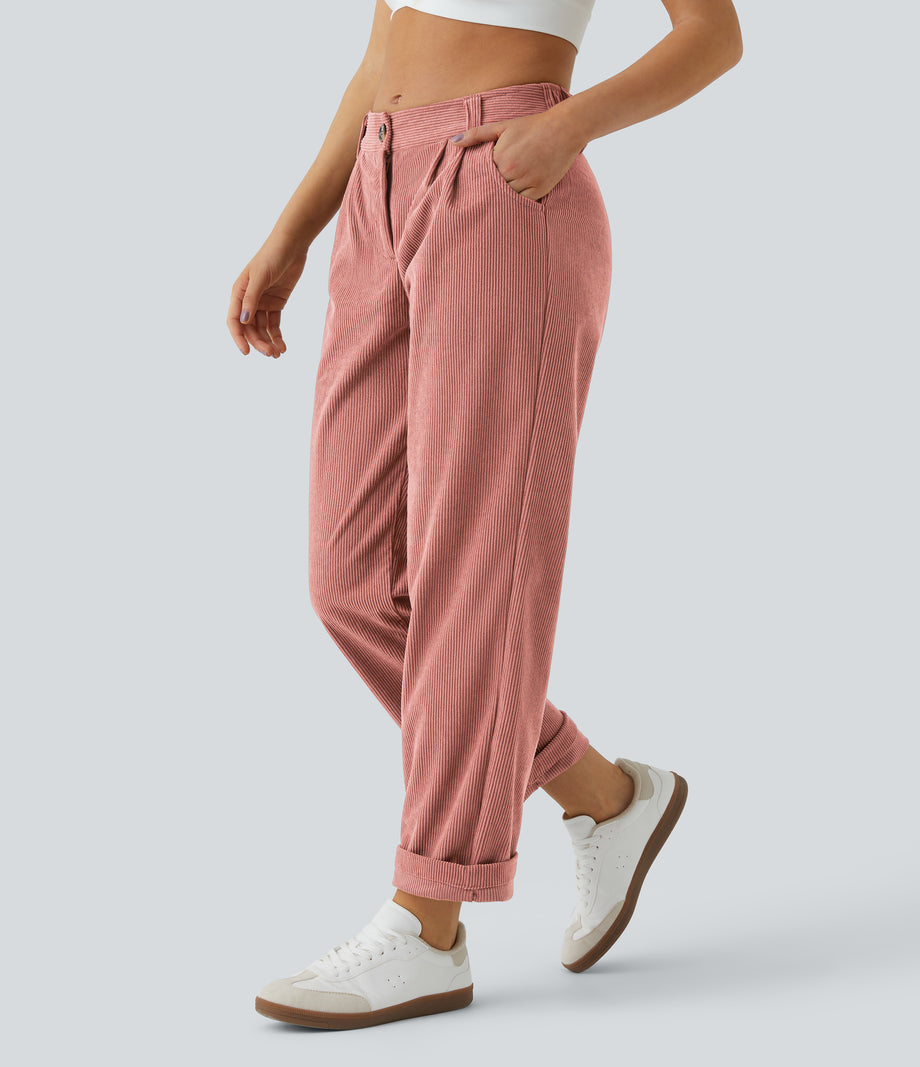 Mid Rise Zipper Pocket Corduroy Casual Pants - Desert Sand
