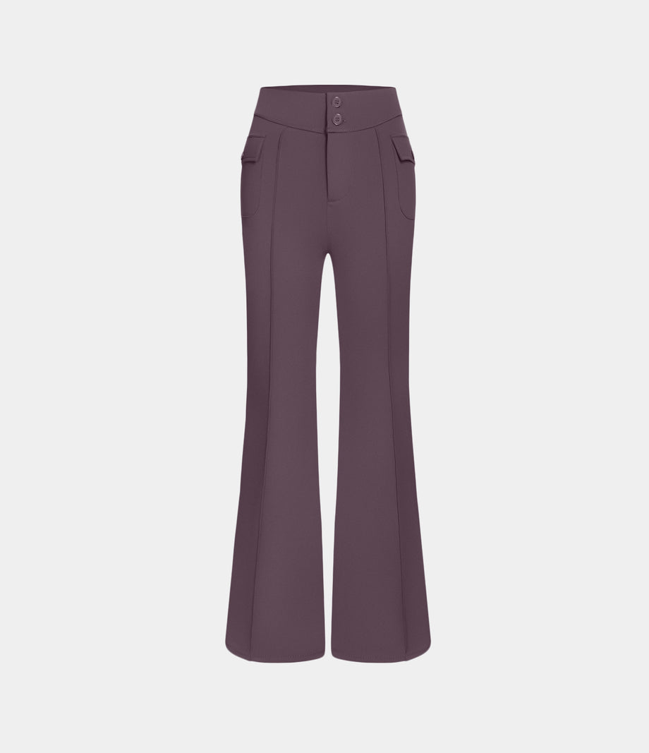 High Waisted Side Flap Pocket Flare Casual Cargo Pants - Dusky Evening purple