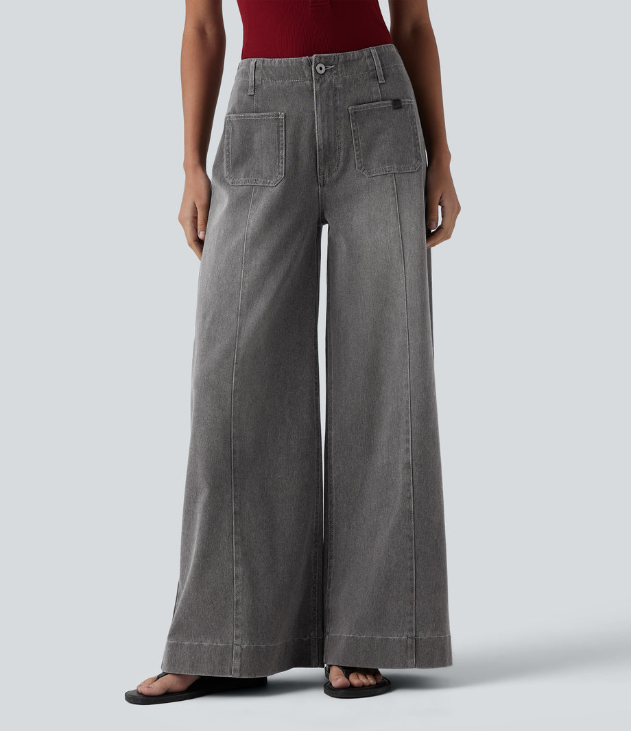 Halara Flex™ High Waisted Pockets Washed Casual Wide Leg Jeans - Cool Gray Denim