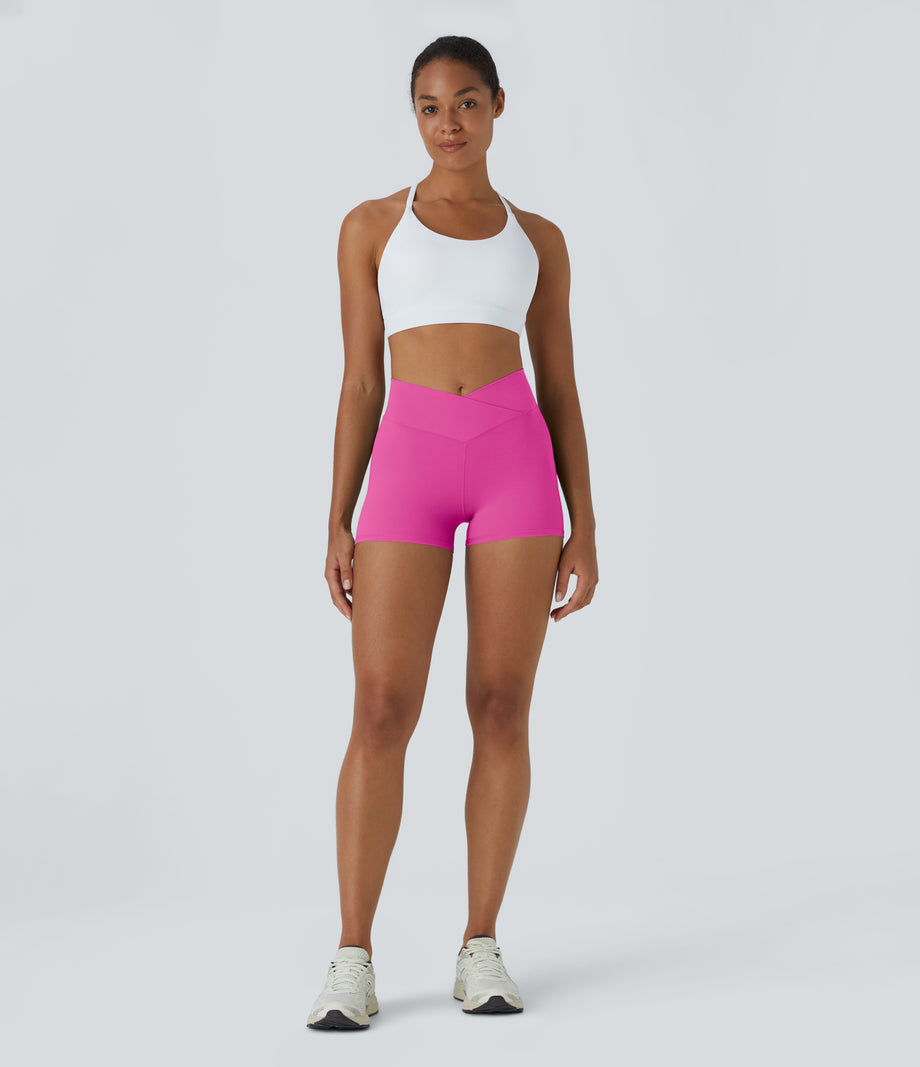 SoftlyZero™ High Waisted Crossover Plain Yoga Biker Shorts 3''-UPF50+ - Fedora Red Purple