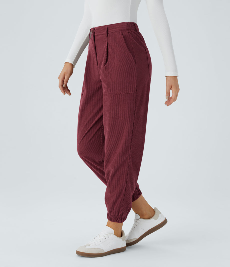 Mid Rise Zipper Pockets Corduroy Casual Joggers - Pomegranate