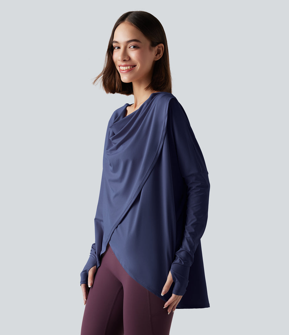 Hooded Cowl Neck Long Sleeve Thumb Hole Yoga Sports Top with Pockets - Patriot Blue
