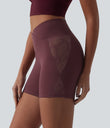 SoftlyZero™ High Waisted Crossover Contrast Lace Pocket Yoga Biker Shorts 5''-UPF50+ - Red Mahogany