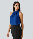 Keyhole Back Halter Sleeveless Curved Hem Work Blouse - Surf the Web