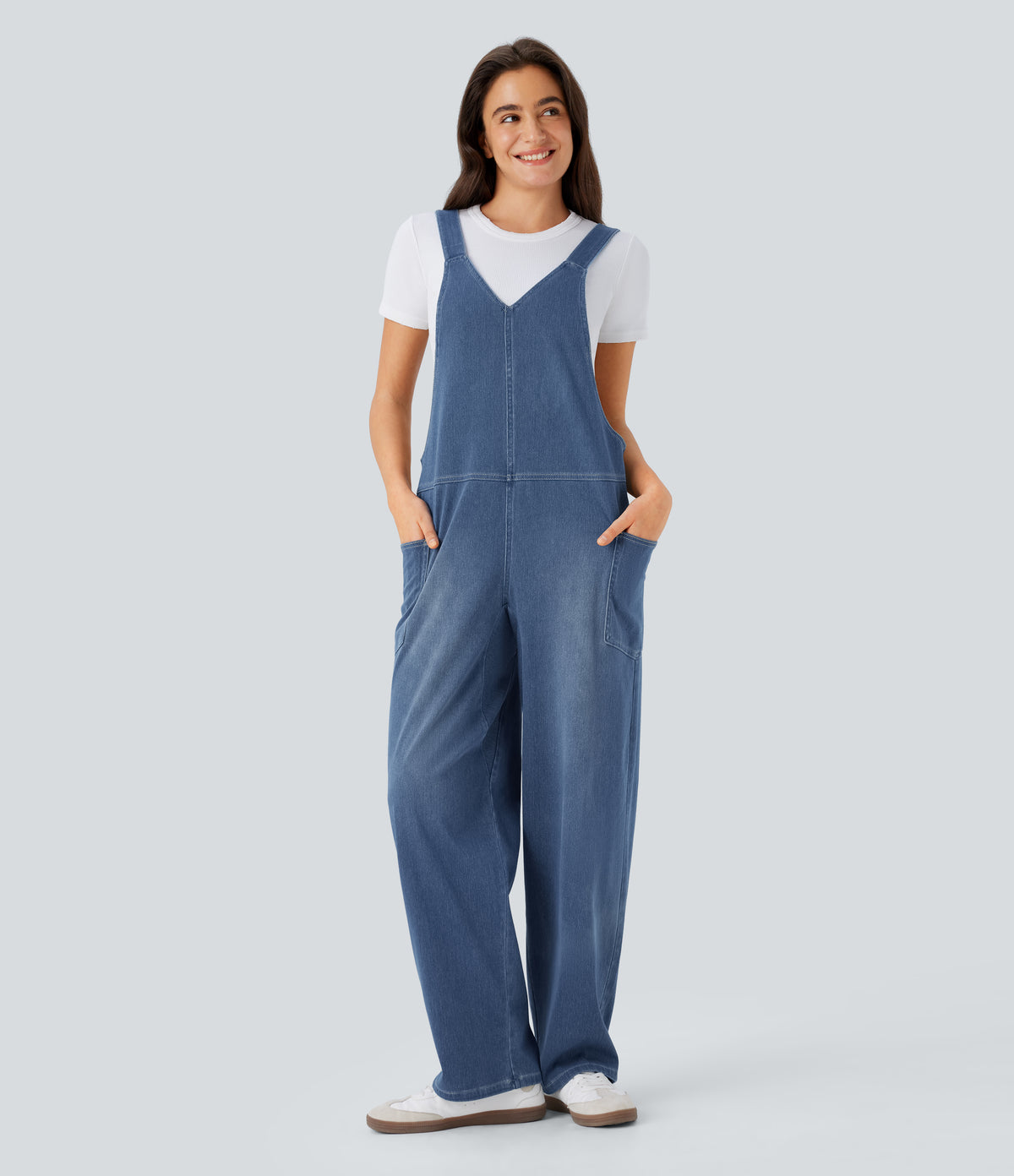 Halara Flex™ V Neck Pocket Washed Denim Casual Overalls - Light Floral Blue Denim