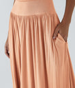 Ribbed Boat Neck Asymmetric Strap Ruched Pocket Flowy Maxi Casual Dress - Sunset Orange