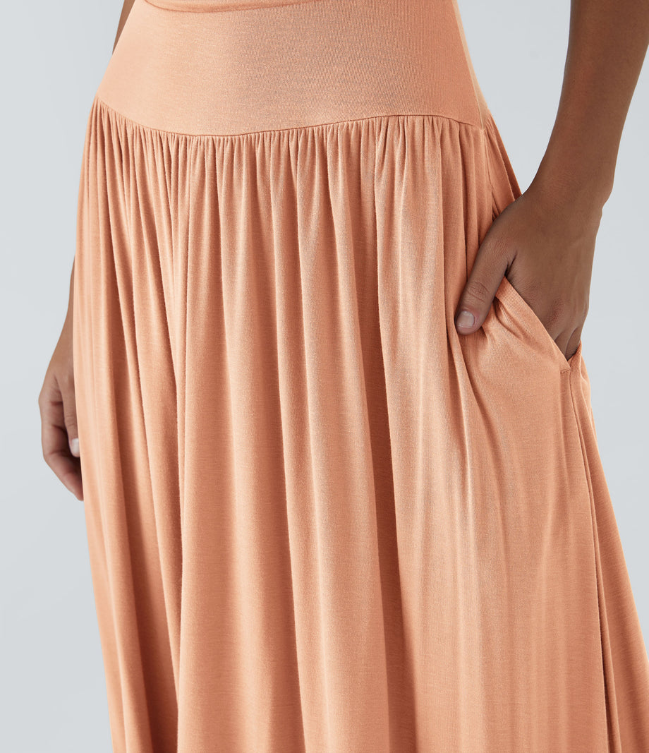 Ribbed Boat Neck Asymmetric Strap Ruched Pocket Flowy Maxi Casual Dress - Sunset Orange