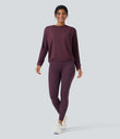 Round Neck Long Sleeve Ruched Yoga Sports Top-UPF50+ - Fig