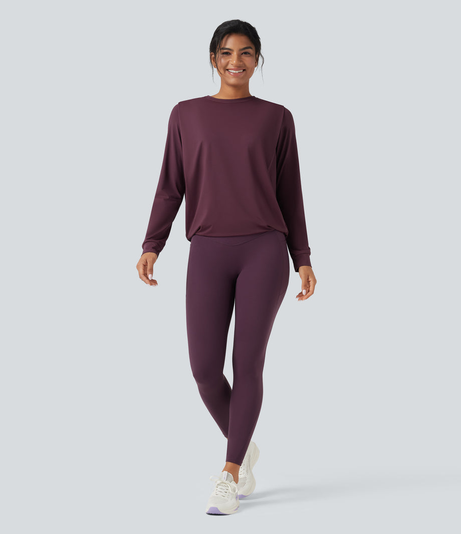 Round Neck Long Sleeve Ruched Yoga Sports Top-UPF50+ - Fig