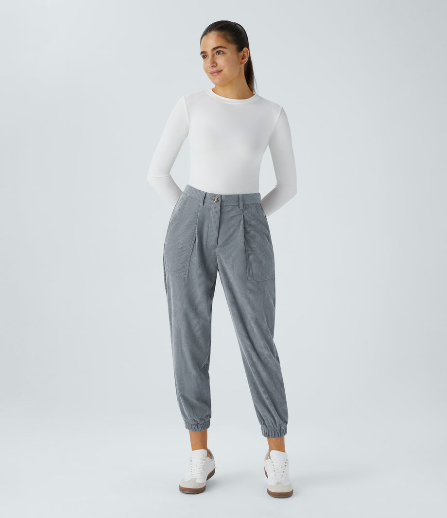 Mid Rise Zipper Pockets Corduroy Casual Joggers - Blue Flower Gray