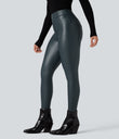 High Waisted Stretchy PU Fleece Casual Leggings with Pockets - Stratified Sea